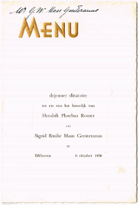 Menukaart huwelijk S.E. (Milie) MG en H.P (Henk Romer (1956)